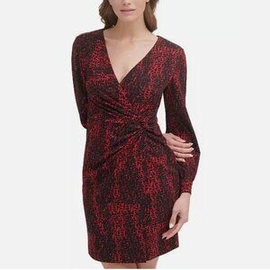DKNY | Womens Faux Wrap Dress Size 6 Printed Red Long Sleeve V-Neck Stretch